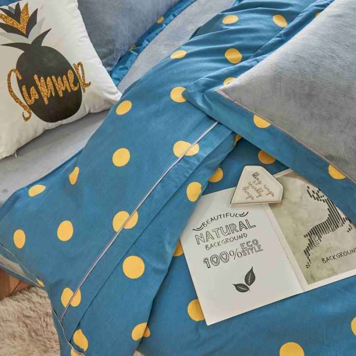 91家纺网 家纺一手货源 找家纺 杜先生 2021新款拼角被边款澳绒牛奶绒四件套 波点时尚-蓝