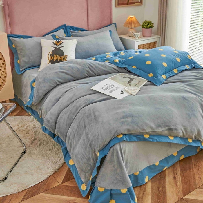 91家纺网 家纺一手货源 找家纺 杜先生 2021新款拼角被边款澳绒牛奶绒四件套 波点时尚-蓝