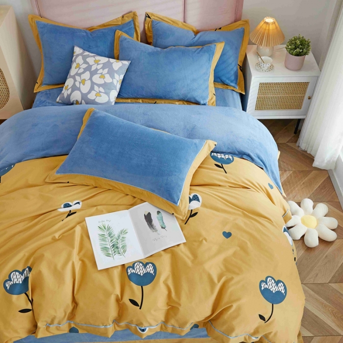 91家纺网 家纺一手货源 找家纺 杜先生 2021新款拼角被边款澳绒牛奶绒四件套 朵薇-黄