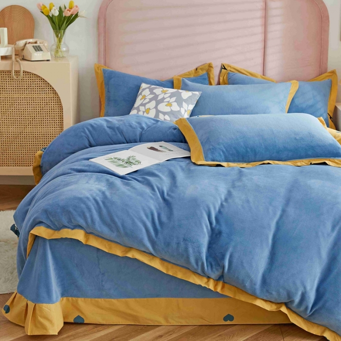 91家纺网 家纺一手货源 找家纺 杜先生 2021新款拼角被边款澳绒牛奶绒四件套 朵薇-黄