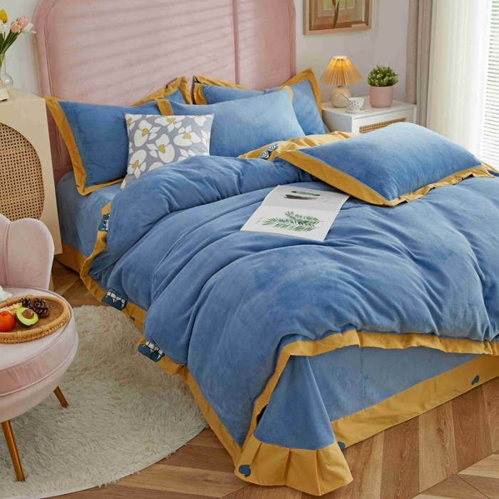 91家纺网 家纺一手货源 找家纺 杜先生 2021新款拼角被边款澳绒牛奶绒四件套 朵薇-黄