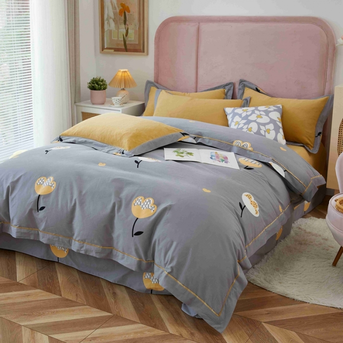 91家纺网 家纺一手货源 找家纺 杜先生 2021新款拼角被边款澳绒牛奶绒四件套 朵薇-灰