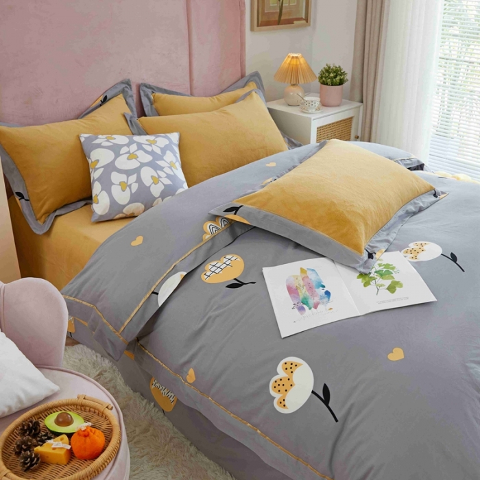 91家纺网 家纺一手货源 找家纺 杜先生 2021新款拼角被边款澳绒牛奶绒四件套 朵薇-灰
