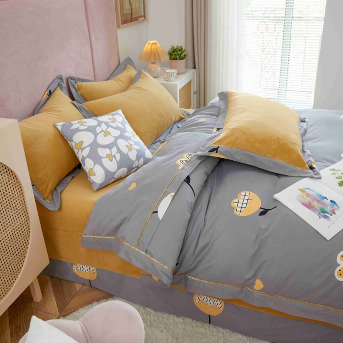 91家纺网 家纺一手货源 找家纺 杜先生 2021新款拼角被边款澳绒牛奶绒四件套 朵薇-灰