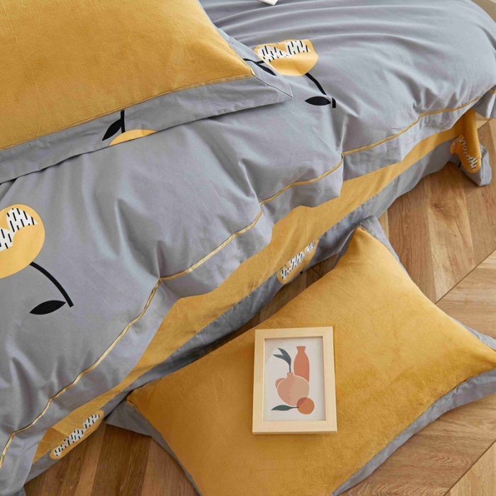 91家纺网 家纺一手货源 找家纺 杜先生 2021新款拼角被边款澳绒牛奶绒四件套 朵薇-灰