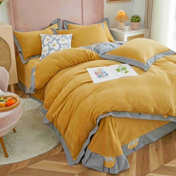 91家纺网 家纺一手货源 找家纺 杜先生 2021新款拼角被边款澳绒牛奶绒四件套 朵薇-灰