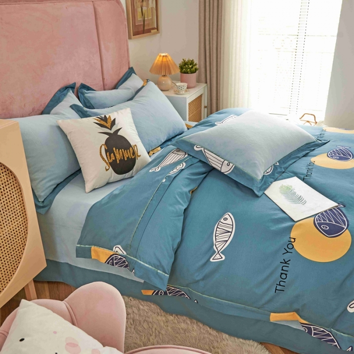 91家纺网 家纺一手货源 找家纺 杜先生 2021新款拼角被边款澳绒牛奶绒四件套 咕噜鱼-蓝