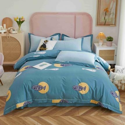 杜先生 2021新款拼角被边款澳绒牛奶绒四件套 咕噜鱼-蓝