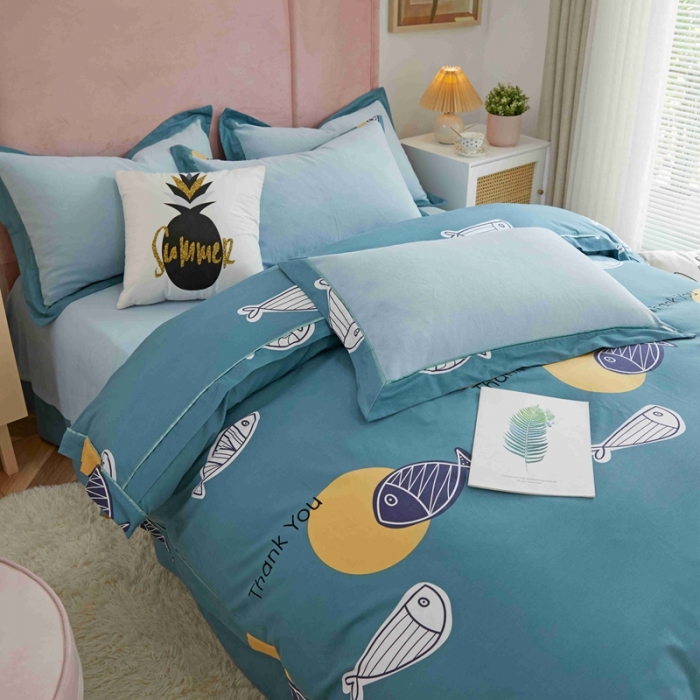 91家纺网 家纺一手货源 找家纺 杜先生 2021新款拼角被边款澳绒牛奶绒四件套 咕噜鱼-蓝