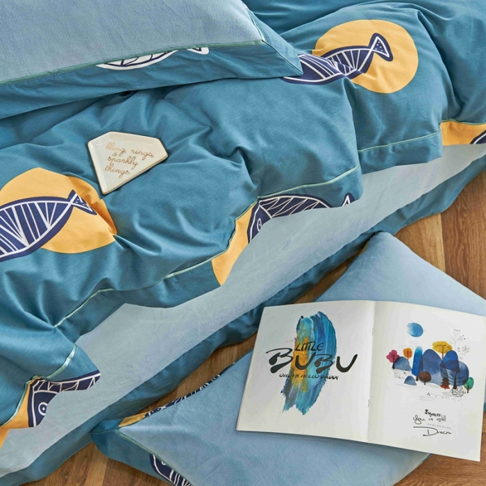 91家纺网 家纺一手货源 找家纺 杜先生 2021新款拼角被边款澳绒牛奶绒四件套 咕噜鱼-蓝