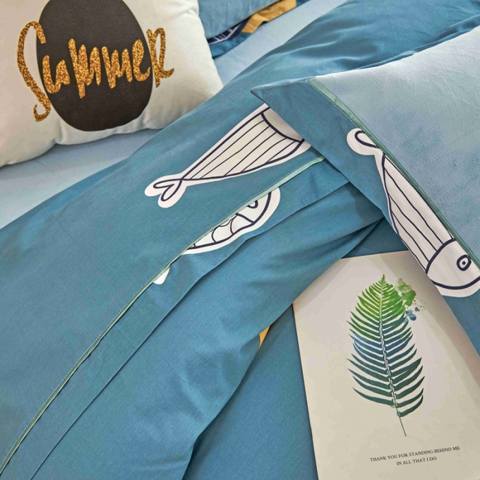 91家纺网 家纺一手货源 找家纺 杜先生 2021新款拼角被边款澳绒牛奶绒四件套 咕噜鱼-蓝