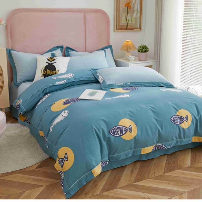 91家纺网 家纺一手货源 找家纺 杜先生 2021新款拼角被边款澳绒牛奶绒四件套 咕噜鱼-蓝