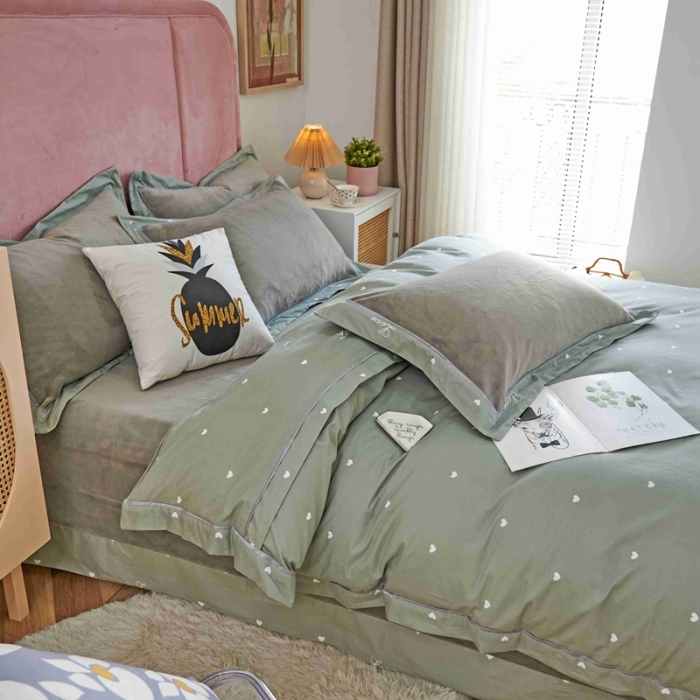 91家纺网 家纺一手货源 找家纺 杜先生 2021新款拼角被边款澳绒牛奶绒四件套 小爱心-绿