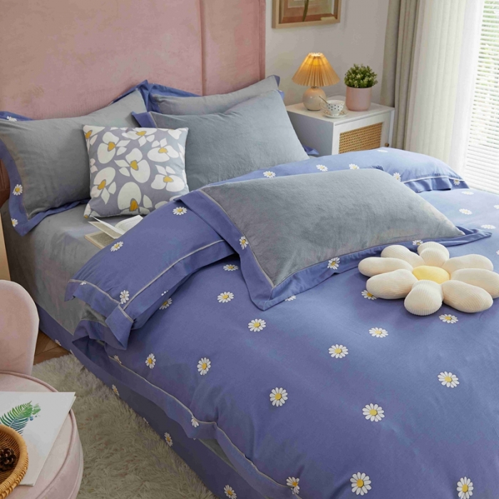 91家纺网 家纺一手货源 找家纺 杜先生 2021新款拼角被边款澳绒牛奶绒四件套 小雏菊-蓝
