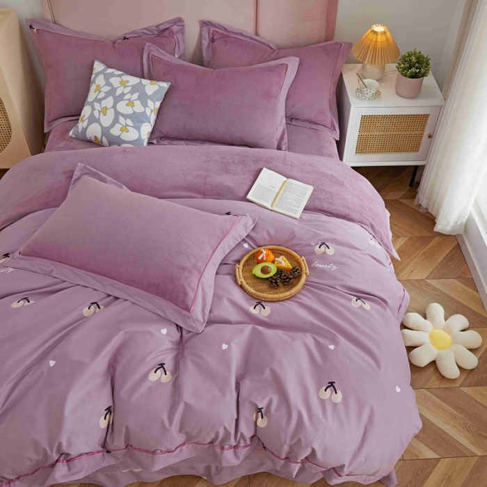 91家纺网 家纺一手货源 找家纺 杜先生 2021新款拼角被边款澳绒牛奶绒四件套 小樱桃-豆沙