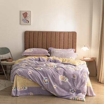 91家纺网 家纺一手货源 找家纺 佳梦家纺 2021新款牛奶绒印花四件套 笑脸-紫