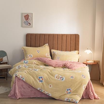 91家纺网 家纺一手货源 找家纺 佳梦家纺 2021新款牛奶绒印花四件套 笑脸-黄