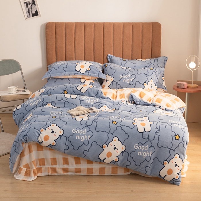 91家纺网 家纺一手货源 找家纺 佳梦家纺 2021新款牛奶绒印花四件套 晚安熊