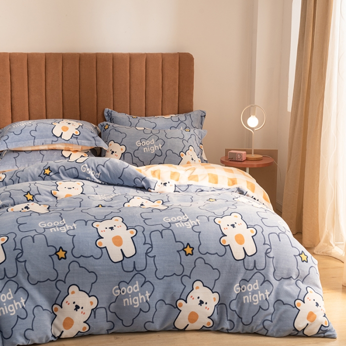 91家纺网 家纺一手货源 找家纺 佳梦家纺 2021新款牛奶绒印花四件套 晚安熊