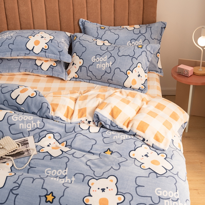 91家纺网 家纺一手货源 找家纺 佳梦家纺 2021新款牛奶绒印花四件套 晚安熊