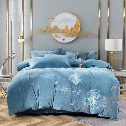 91家纺网 家纺一手货源 找家纺 佳梦家纺 2021新款婴儿绒刺绣款四件套 蓝色