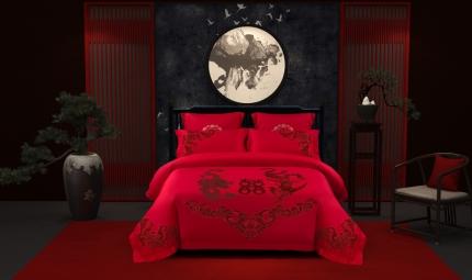 91家纺网 家纺一手货源 找家纺 皇潮婚庆馆 2021新款全棉贴绒绣婚庆四件套多件套 喜迎龙凤