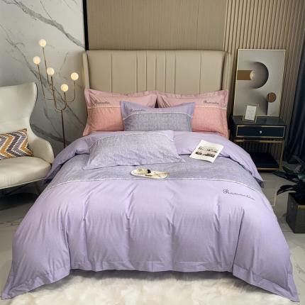 91家纺网 家纺一手货源 找家纺 榻尚家居新款80长绒棉贡缎磨毛小香风全棉加厚磨毛四件套 紫