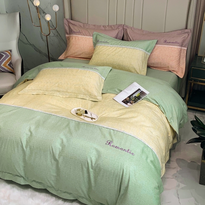 91家纺网 家纺一手货源 找家纺 榻尚家居新款80长绒棉贡缎磨毛小香风全棉加厚磨毛四件套 浅绿