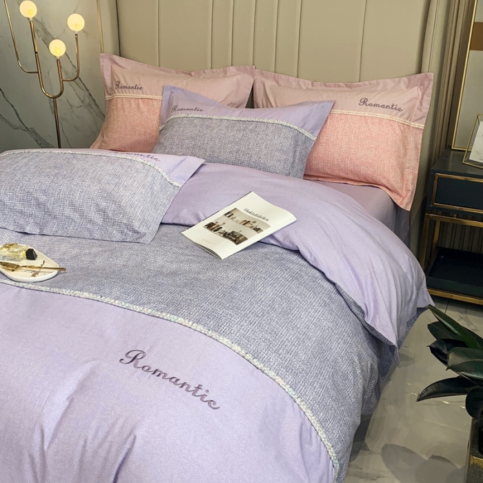 91家纺网 家纺一手货源 找家纺 榻尚家居新款80长绒棉贡缎磨毛小香风全棉加厚磨毛四件套 紫