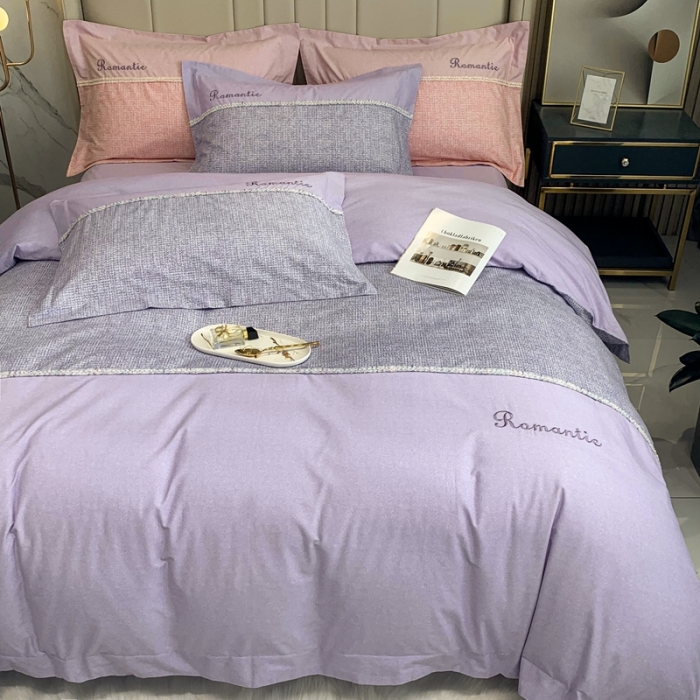 91家纺网 家纺一手货源 找家纺 榻尚家居新款80长绒棉贡缎磨毛小香风全棉加厚磨毛四件套 紫