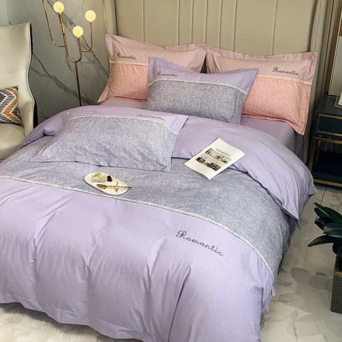 91家纺网 家纺一手货源 找家纺 榻尚家居新款80长绒棉贡缎磨毛小香风全棉加厚磨毛四件套 紫