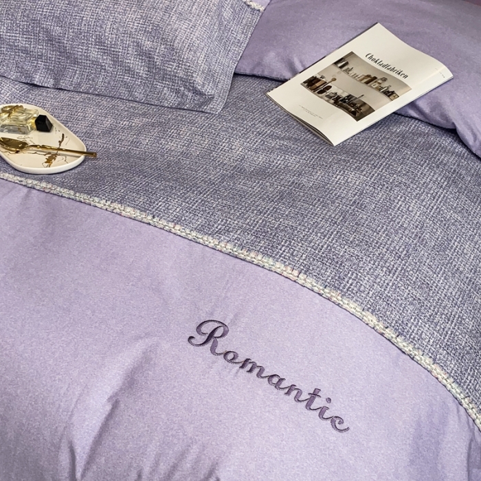 91家纺网 家纺一手货源 找家纺 榻尚家居新款80长绒棉贡缎磨毛小香风全棉加厚磨毛四件套 紫