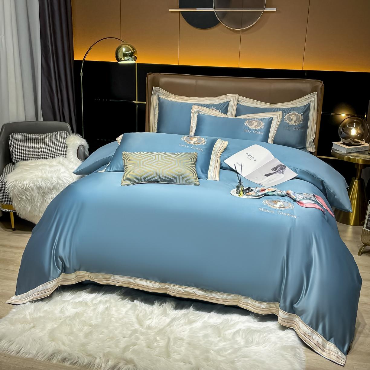 91家纺网 家纺一手货源 找家纺 宅家居 新款臻品真丝刺绣四件套 蜜雪公主-宾利蓝