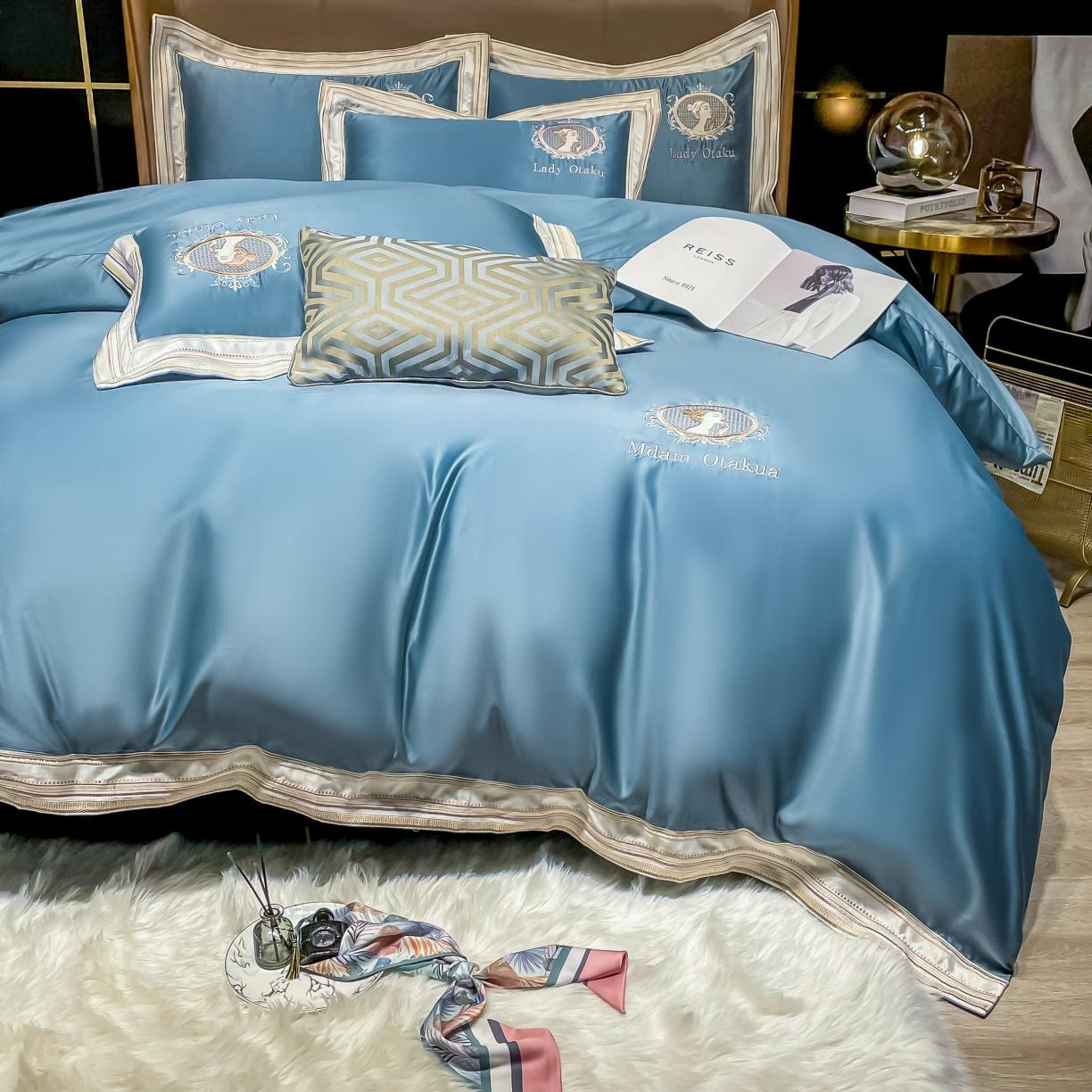 91家纺网 家纺一手货源 找家纺 宅家居 新款臻品真丝刺绣四件套 蜜雪公主-宾利蓝