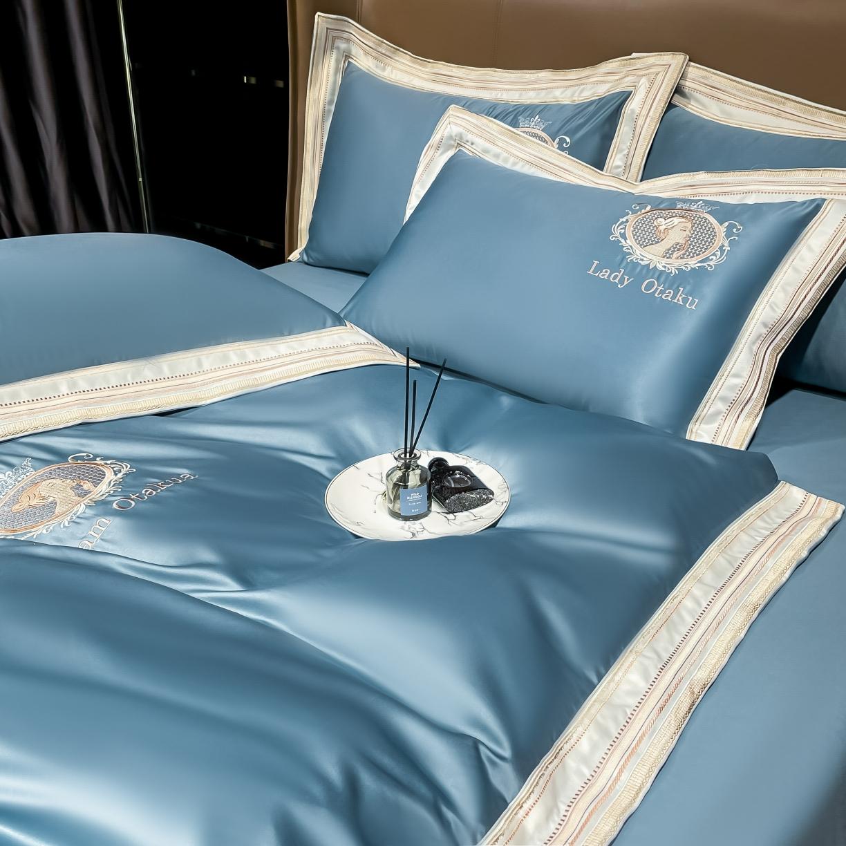 91家纺网 家纺一手货源 找家纺 宅家居 新款臻品真丝刺绣四件套 蜜雪公主-宾利蓝