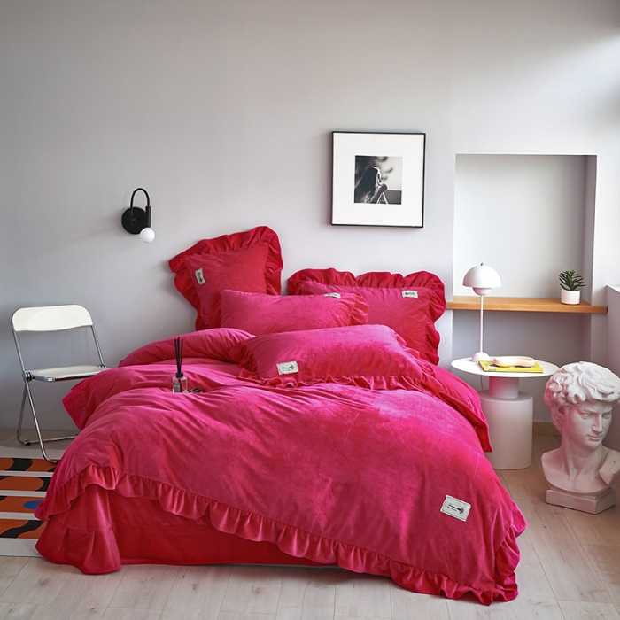 91家纺网 家纺一手货源 找家纺 舒梦琪 2023新款加厚宝宝绒韩版四件套牛奶绒四件套 玫红