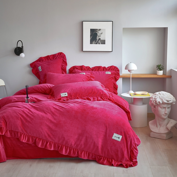 91家纺网 家纺一手货源 找家纺 舒梦琪 2023新款加厚宝宝绒韩版四件套牛奶绒四件套 玫红