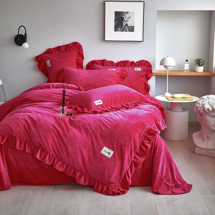 91家纺网 家纺一手货源 找家纺 舒梦琪 2023新款加厚宝宝绒韩版四件套牛奶绒四件套 玫红