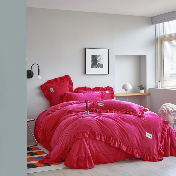 91家纺网 家纺一手货源 找家纺 舒梦琪 2023新款加厚宝宝绒韩版四件套牛奶绒四件套 玫红