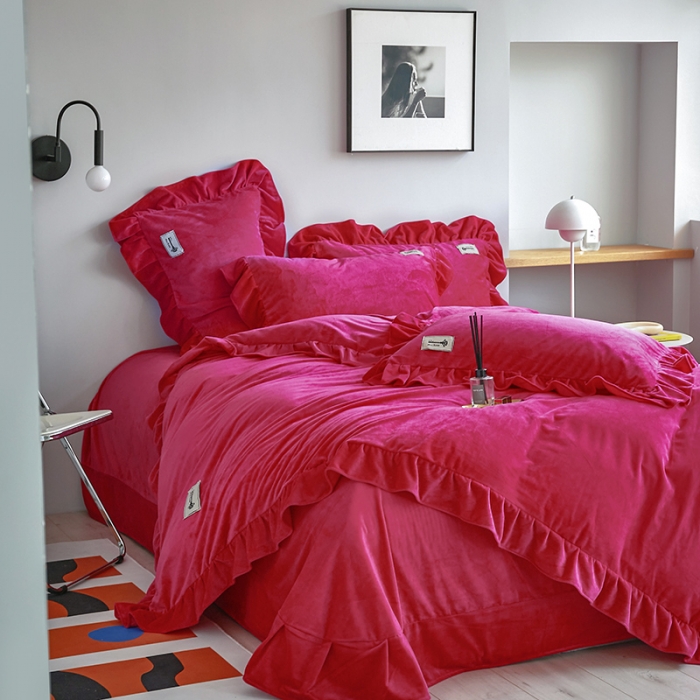 91家纺网 家纺一手货源 找家纺 舒梦琪 2023新款加厚宝宝绒韩版四件套牛奶绒四件套 玫红