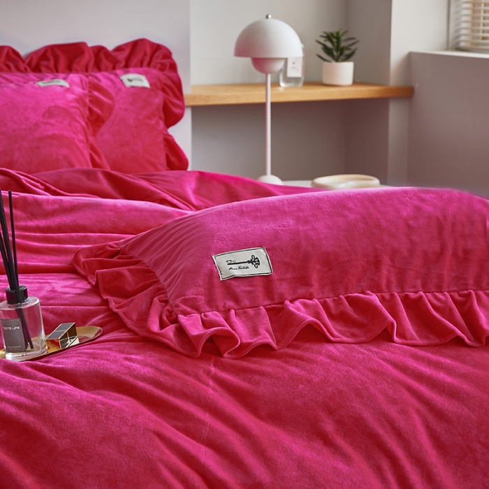 91家纺网 家纺一手货源 找家纺 舒梦琪 2023新款加厚宝宝绒韩版四件套牛奶绒四件套 玫红