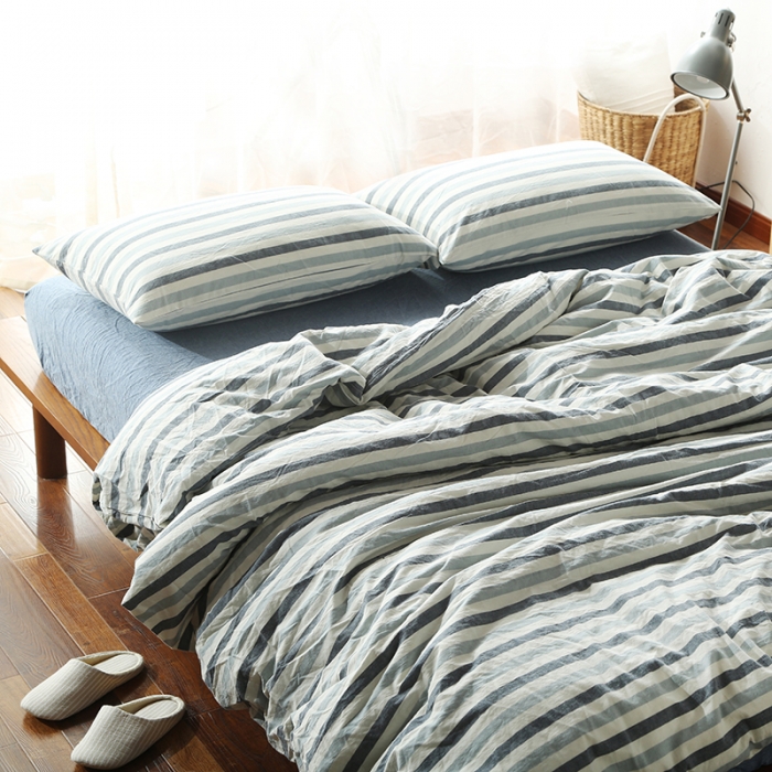 91家纺网 家纺一手货源 找家纺 安莱生活 2021新款全棉水洗棉套件 蓝色条纹