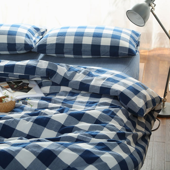 91家纺网 家纺一手货源 找家纺 安莱生活 2021新款全棉水洗棉套件 蓝色中格