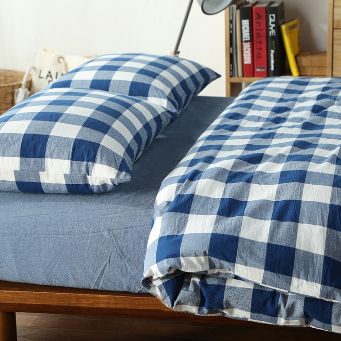 91家纺网 家纺一手货源 找家纺 安莱生活 2021新款全棉水洗棉套件 蓝色中格