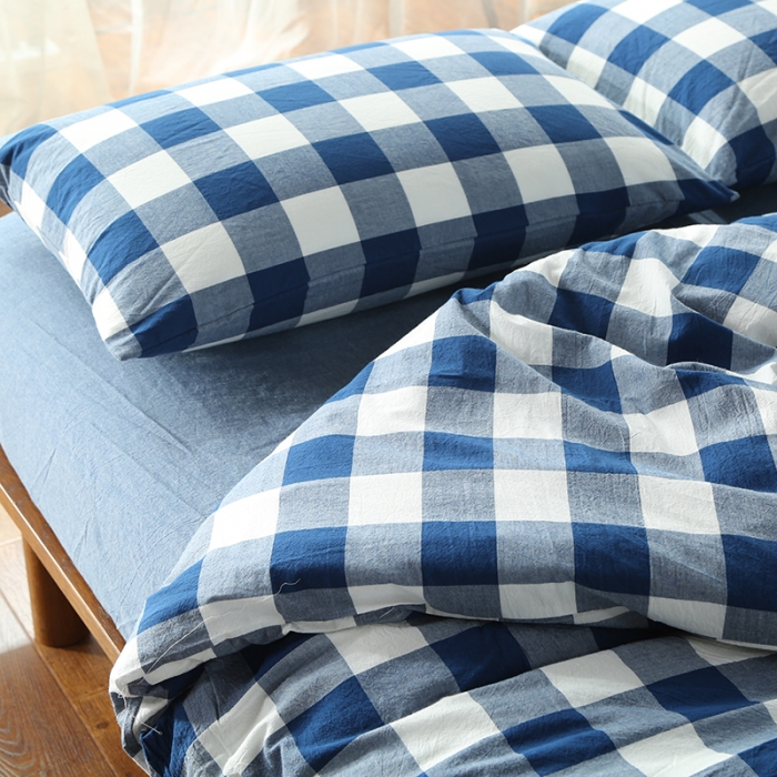 91家纺网 家纺一手货源 找家纺 安莱生活 2021新款全棉水洗棉套件 蓝色中格