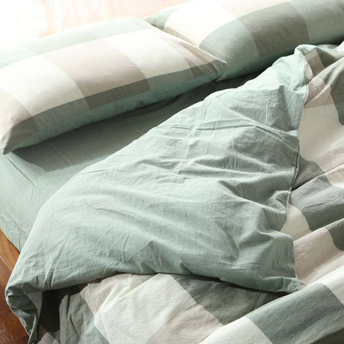 91家纺网 家纺一手货源 找家纺 安莱生活 2021新款全棉水洗棉套件 绿灰大格