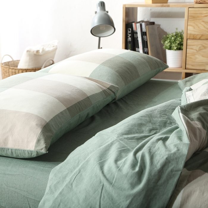 91家纺网 家纺一手货源 找家纺 安莱生活 2021新款全棉水洗棉套件 绿灰大格