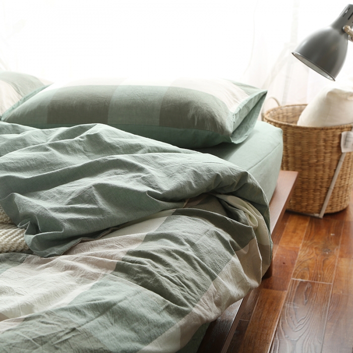 91家纺网 家纺一手货源 找家纺 安莱生活 2021新款全棉水洗棉套件 绿灰大格