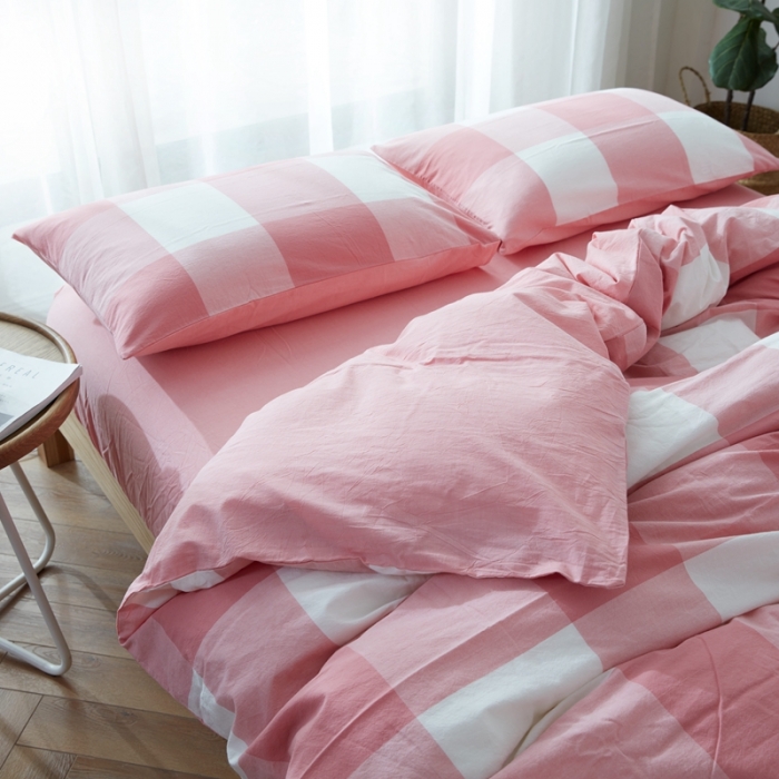 91家纺网 家纺一手货源 找家纺 安莱生活 2021新款全棉水洗棉套件 玫粉大格