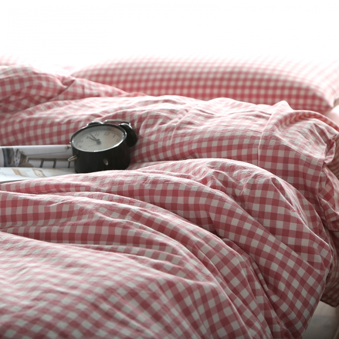 91家纺网 家纺一手货源 找家纺 安莱生活 2021新款全棉水洗棉套件 玫粉小格